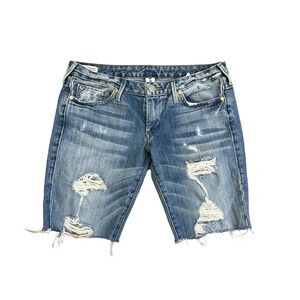 True Religion‎ Distressed Denim Shorts Ripped Frayed Hem Blue Jean 28